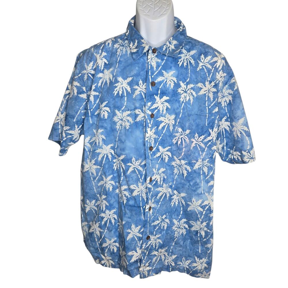 Lands End Mens Tropical Print Shirt Large 16/16.5 Palm Trees‎ 100% Cotton Resort
